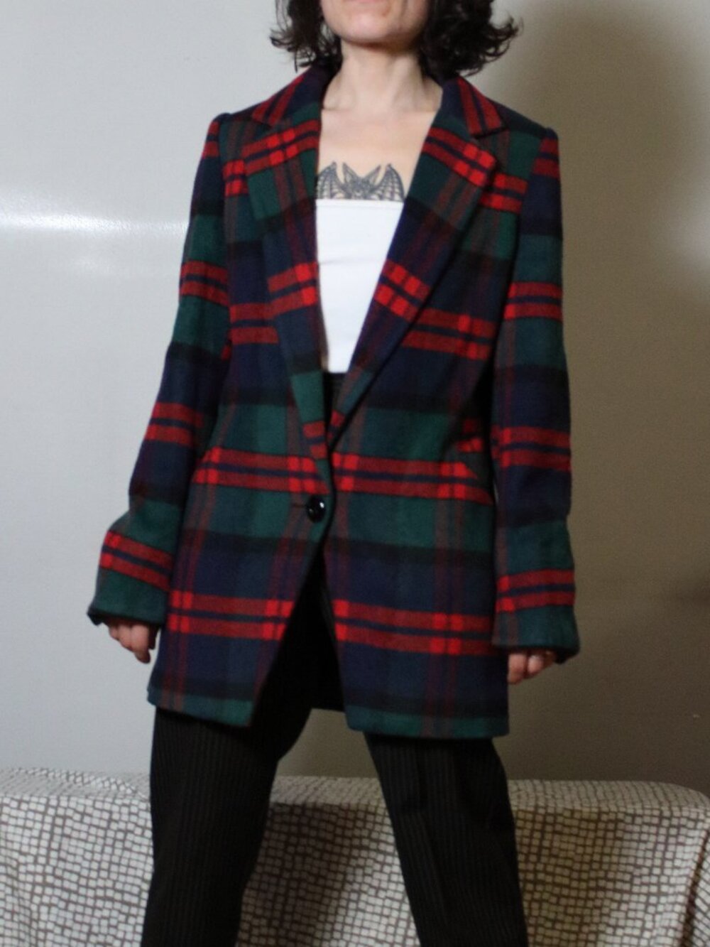 Jumpo Navy, Green & Red Wool Blend Blazer Coat Size UK 10
